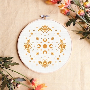 Bee cross stitch pattern, moon cross stitch pattern, witchy cross stitch pattern, spring cross stitch pattern, large pattern PDF
