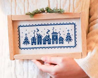 Christmas village cross stitch pattern, Christmas cross stitch pattern pdf, winter cross stitch pattern, blue Christmas cross stitch pattern