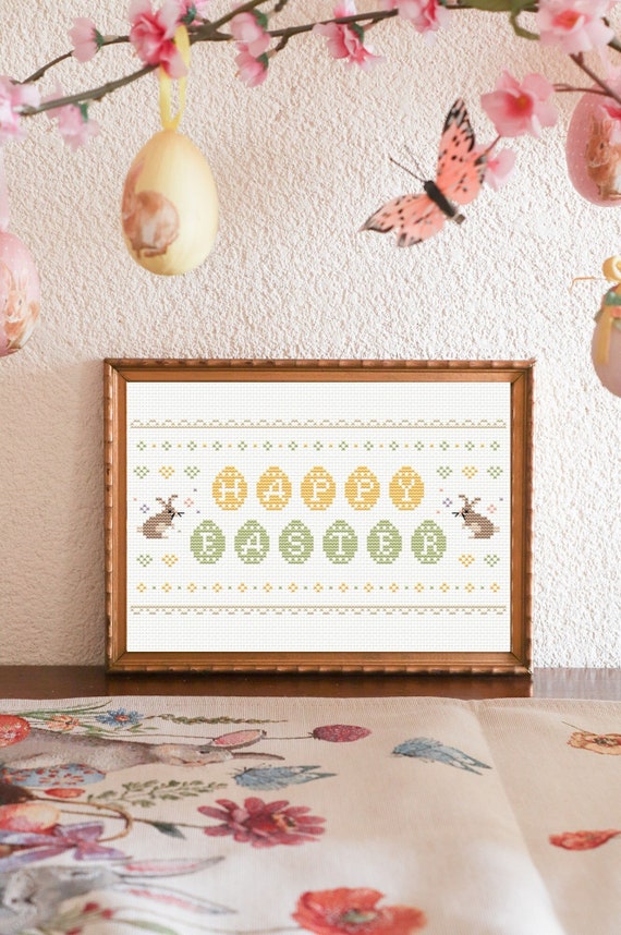 Schema punto croce Pasqua PDF, schema punto croce felice Pasqua, decorazione casa Pasqua, decorazione parete Pasqua, Pasqua fai da te