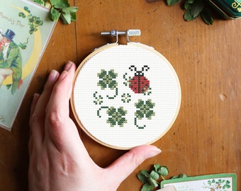 St Patricks cross stitch pattern, lucky charm cross stitch pattern, ladybug cross stitch, clover cross stitch, St Pattys decor, pattern PDF