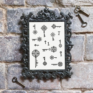 Keys cross stitch pattern, witchy cross stitch pattern, monochrome cross stitch, counted cross stitch pattern, cross stitch pattern PDF