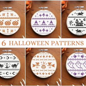 Può includere: Sei motivi di ricamo a punto croce a tema Halloween che rappresentano zucche, cappelli da strega, una casa infestata, gatti, mais dolce e fantasmi. I motivi sono visualizzati su cerchi da ricamo bianchi con filo nero, arancione e viola.