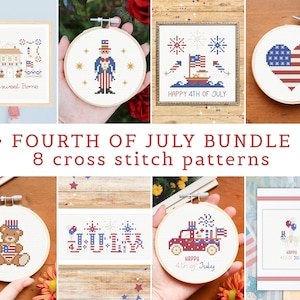 July 4th cross stitch patterns, USA Independence Day cross stitch, patriotic cross stitch, bundle of small cross stitch patterns pdf