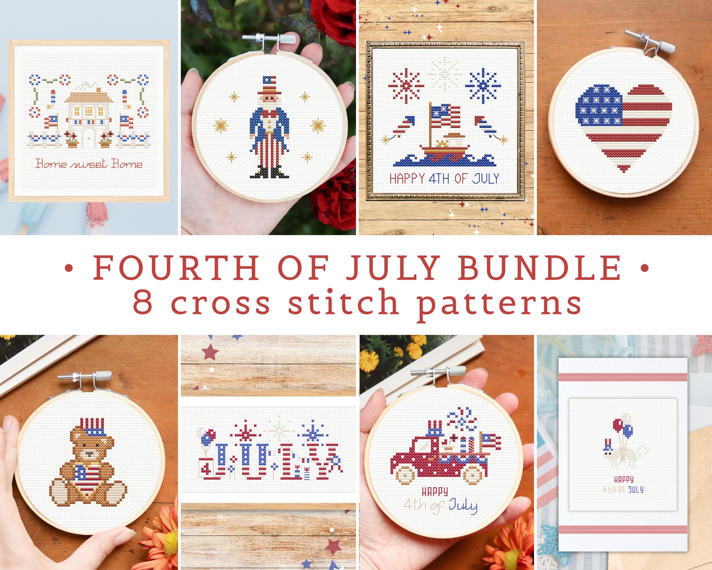 July 4th cross stitch patterns, USA Independence Day cross stitch, patriotic cross stitch, bundle of small cross stitch patterns pdf