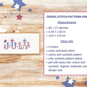 May include: A framed cross-stitch pattern with the word "JULY" in red, white, and blue, with star and firework designs. The pattern measures 4.29 x 1.93 inches and is a PDF with color and symbol information.