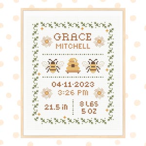 Birth announcement cross stitch pattern, nursery decoration, baby girl cross stitch, baby boy cross stitch, custom cross stitch pattern pdf