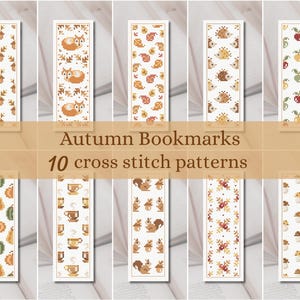 Può includere: Una collezione di dieci modelli di segnalibri a punto croce a tema autunnale. Ogni segnalibro presenta un design unico, tra cui ghiande, volpi, ricci, zucche, scoiattoli e funghi, tutti in caldi colori autunnali. Il testo "Autumn Bookmarks" e "10 cross stitch patterns" è visibile.