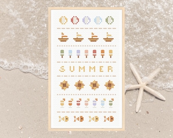 May include: A cross-stitch pattern with a summer theme. The pattern includes beach balls, sailboats, ice cream cones, sunflowers, and drinks. The word "SUMMER" is stitched in yellow letters.