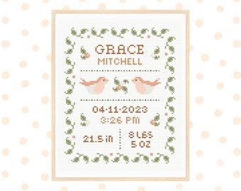 Birth announcement cross stitch pattern, baby girl cross stitch pattern, nursery decor, gift for newborn, custom cross stitch pattern pdf