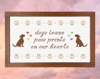 Kruissteekpatroon pdf "honden laten pootafdrukken achter op ons hart", hondenherdenkingspatroon, hondenverliespatroon, regenboogbrug