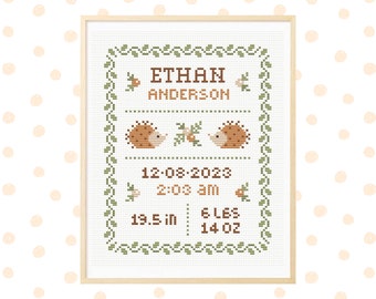 Birth announcement cross stitch pattern, baby boy cross stitch, baby girl cross stitch, nursery decor, personalized gift for baby pdf