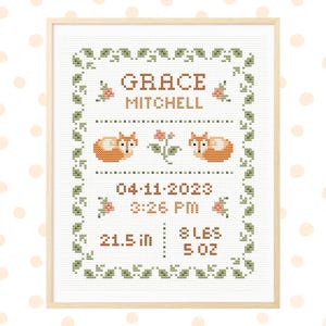 Birth announcement cross stitch pattern, new baby cross stitch, nursery decor, baby shower gift, personalized cross stitch pattern pdf