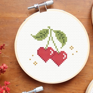 Valentine&#39;s Day cross stitch pattern, Valentine&#39;s Day ornament, heart cross stitch, cherry cross stitch, easy cross stitch pattern pdf