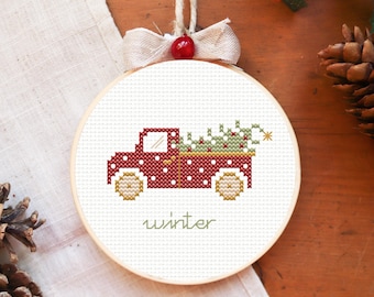 Christmas cross stitch pattern, Christmas tree cross stitch ornament, winter cross stitch, truck cross stitch pattern, small pattern pdf