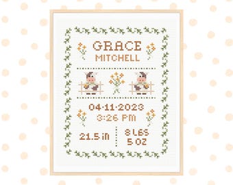 Schema punto croce annuncio nascita, schema punto croce bebè, decorazione cameretta, regalo neonato, schema punto croce personalizzato pdf