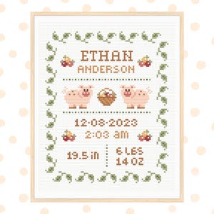 Kruissteekpatroon geboorteaankondiging, kruissteek baby, kruissteek babymeisje, slaapkamerdecoratie, gepersonaliseerd kruissteekpatroon pdf