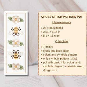 May include: A cross stitch pattern PDF featuring a repeating design of bees and flowers. The pattern includes measurements of 2.01 x 6.14 inches and is made with 7 colors. The PDF includes color and symbol patterns.