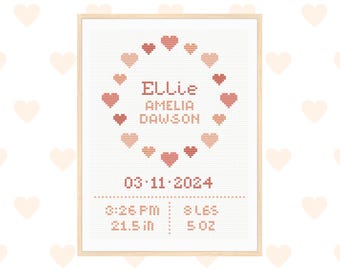 Birth announcement cross stitch pattern, nursery wall decor, baby girl cross stitch, diy gift for newborn, custom cross stitch pattern pdf