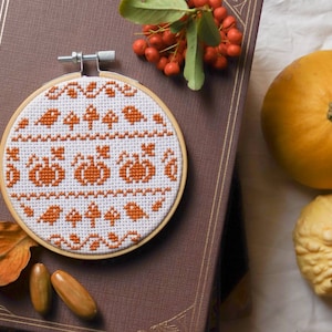 Può includere: Un cerchio da ricamo bianco con un disegno a punto croce arancione e bianco di zucche e uccelli. Il cerchio è appoggiato su un libro rilegato in pelle marrone con uno sfondo autunnale.