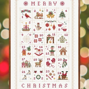 May include: A cross-stitch pattern for a Christmas advent calendar with 24 different festive images. The pattern includes a cardinal, a snowman, a Christmas tree, a reindeer, and other holiday symbols. The words "Merry Christmas" are stitched at the top and bottom of the pattern.