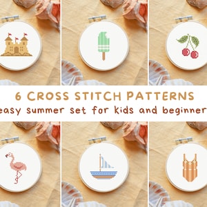 Bundle of summer cross stitch patterns, cross stitch patterns for kids, cross stitch for beginners, small and easy cross stitch patterns pdf