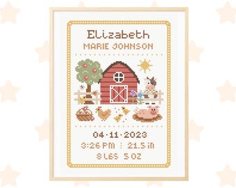Birth announcement cross stitch pattern, baby cross stitch pattern, nursery decor, gift for baby, personalized cross stitch pattern pdf
