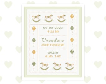 Grille de point de croix pour faire-part de naissance, grille de point de croix pour bébé garçon, grille de point de croix pour bébé fille, décoration de chambre d'enfant, grille de point de croix personnalisée PDF