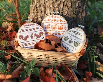 Autumn cross stitch patterns, fall ornaments, squirrels cross stitch, tea cross stitch, pumpkins cross stitch, bundle of small patterns pdf