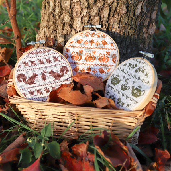 Autumn cross stitch patterns, fall ornaments, squirrels cross stitch, tea cross stitch, pumpkins cross stitch, bundle of small patterns pdf