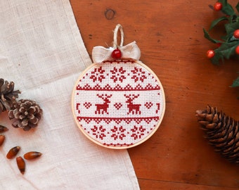 Reindeers cross stitch pattern, poinsettias cross stitch, nordic Christmas cross stitch, red cross stitch, cross stitch pdf