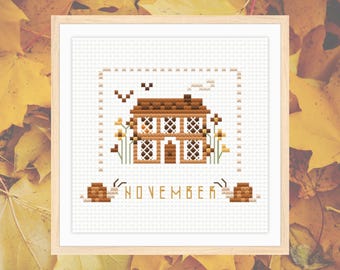 House cross stitch pattern, cottage cross stitch, Months of the Year cross stitch, November chart, autumn cross stitch, small pattern pdf