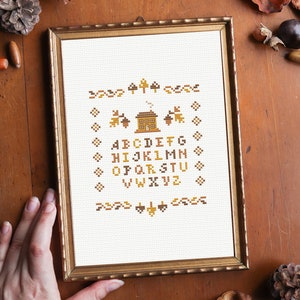 Sampler cross stitch pattern, alphabet cross stitch pattern, autumn cross stitch pattern, fall cross stitch pattern, small pattern pdf