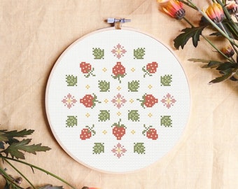 Strawberry cross stitch pattern, mandala cross stitch pattern, geometric cross stitch pattern, spring cross stitch pattern, pattern PDF