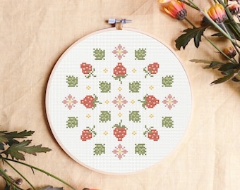 Summer cross stitch pattern, strawberry cross stitch pattern, mandala cross stitch pattern, geometric cross stitch, cross stitch pattern PDF
