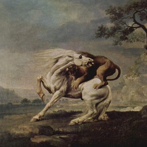 May include: A dramatic painting depicting a white horse being attacked by a brown lion. The horse is rearing up on its hind legs, while the lion is biting into its neck. The scene is set against a cloudy sky, with a dark tree in the background.