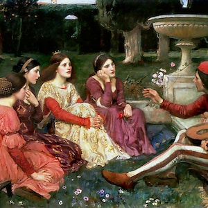 May include: A group of women in medieval clothing are gathered in a garden setting. One woman is wearing a crown and a long, flowing gown. Another woman is wearing a red dress and a white hat. A man in a red and white striped costume is playing a lute. The scene is painted in a realistic style with a focus on detail.