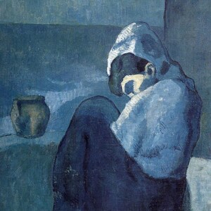 May include: A painting of a person sitting with their head down, wearing a blue hooded garment. The person is sitting on a blue surface with a brown pot in the background.