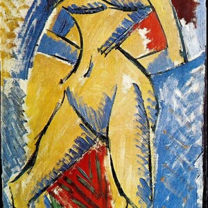 May include: Abstract painting of a nude figure in shades of yellow, blue, green, and red. The figure is depicted in a reclining pose with a prominent focus on the back and shoulders.