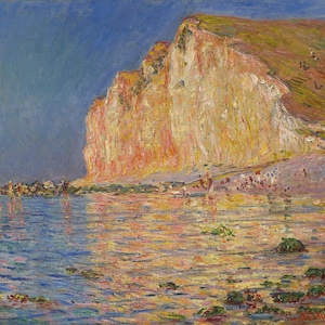 May include: A painting of a tall, white cliff face with a green top, reflected in the blue water of the sea. The cliff is painted with brushstrokes of yellow, pink, and orange.