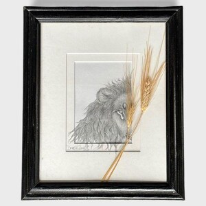 May include: Framed pencil drawing of a lion's head, with a wheat stalk overlay. The artwork is in a black frame with a white mat. The lion's mane is detailed, and the wheat adds a natural element.