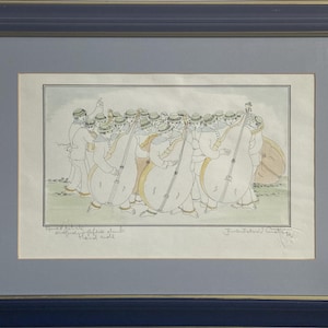 May include: A framed black and white illustration of a group of people playing musical instruments. The people are drawn in a cartoon style and are wearing hats. The instruments are double basses. The text "A group of players about to play a Hard Hull" is written below the image.