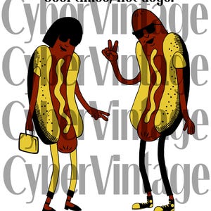 Pode incluir: Ilustração de desenho animado com dois cachorros-quentes antropomórficos. Um segura uma bolsa, o outro faz o sinal de paz. Ambos usam óculos de sol e estão vestidos com pães e roupas cor mostarda. O texto "Cool times, Hot dogs" está no topo.