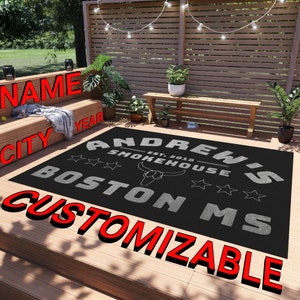 May include: Black and white custom doormat with the text "Andrew's Smokehouse Est. 2018 Boston MS" and the words "CUSTOMIZABLE" in red.
