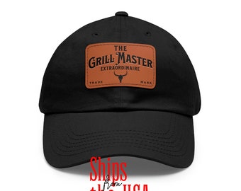 The Grill Master Dad Hat Gift with Leather Patch (Rectangle) Barbecue Gift for Him | Baseball Cap Gift for the King of the Grill