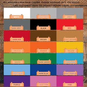 Op de afbeelding: Een kaart met 18 verschillende basiskleuren voor tapijten. De kleuren zijn gerangschikt in drie rijen van zes kleuren. De kleuren zijn: wit, lichtgrijs, grijs, donkergrijs, zwart, rood, donkerrood, bruin, lichtbruin, oranje, geel, groen, donkergroen, turquoise, lichtblauw, donkerblauw, lichtpaars, paars, lichtroze en roze.