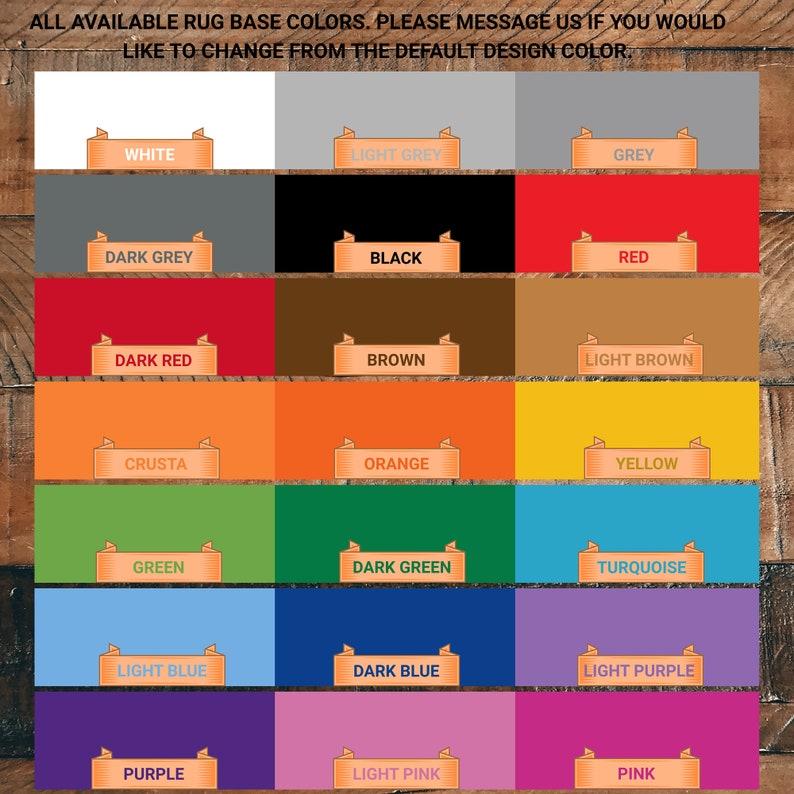 Op de afbeelding: Een kaart met 18 verschillende basiskleuren voor tapijten. De kleuren zijn gerangschikt in drie rijen van zes kleuren. De kleuren zijn: wit, lichtgrijs, grijs, donkergrijs, zwart, rood, donkerrood, bruin, lichtbruin, oranje, geel, groen, donkergroen, turquoise, lichtblauw, donkerblauw, lichtpaars, paars, lichtroze en roze.