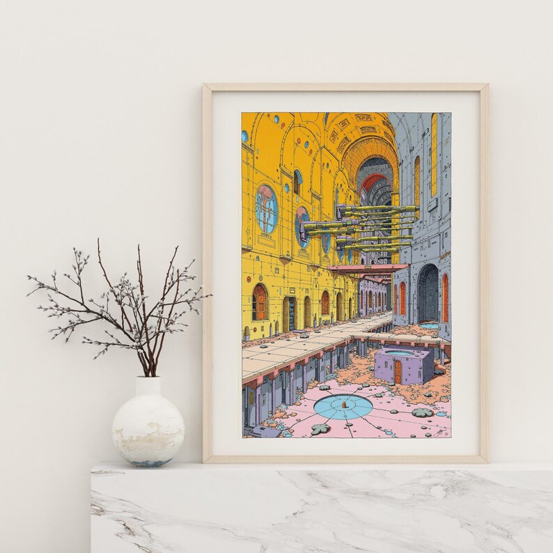 May include: A digital illustration of a yellow and gray building with a pink and blue floor. The building has a large, arched doorway and many windows. The floor is covered in rubble and debris.