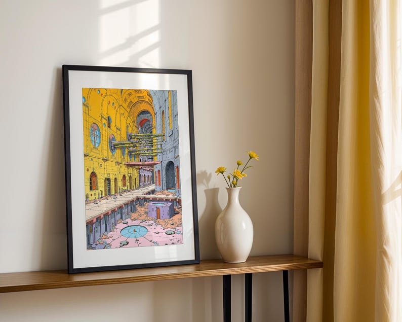 May include: A framed print of a colorful illustration depicting a yellow and gray building with a blue circular detail in the center. The building has a series of arches and windows. The print is hanging on a wooden shelf with a white vase and yellow flowers.