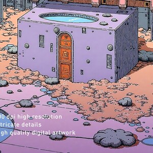 May include: A digital illustration of a futuristic building with a pool on the roof. The building is purple and has a door with a window. The building is surrounded by a pink and orange landscape.
