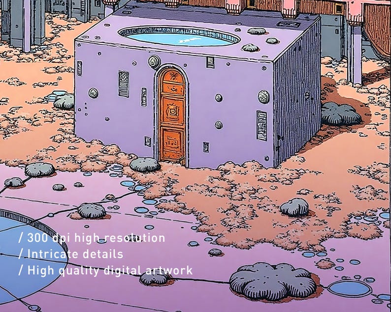 May include: A digital illustration of a futuristic building with a pool on the roof. The building is purple and has a door with a window. The building is surrounded by a pink and orange landscape.